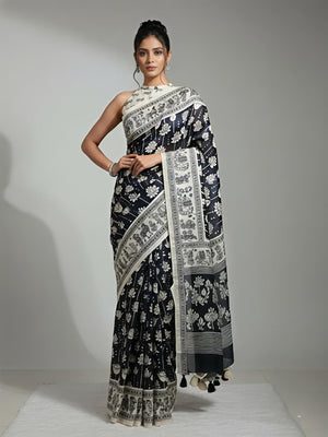 Elegant Black Mysore Silk Saree with Traditional Printed Motifs - Image 1