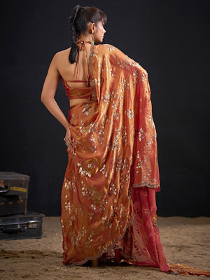 Designer Rust Orange  Satin Silk Saree With Leaf Foil Print & Stone Work Border - Image 2