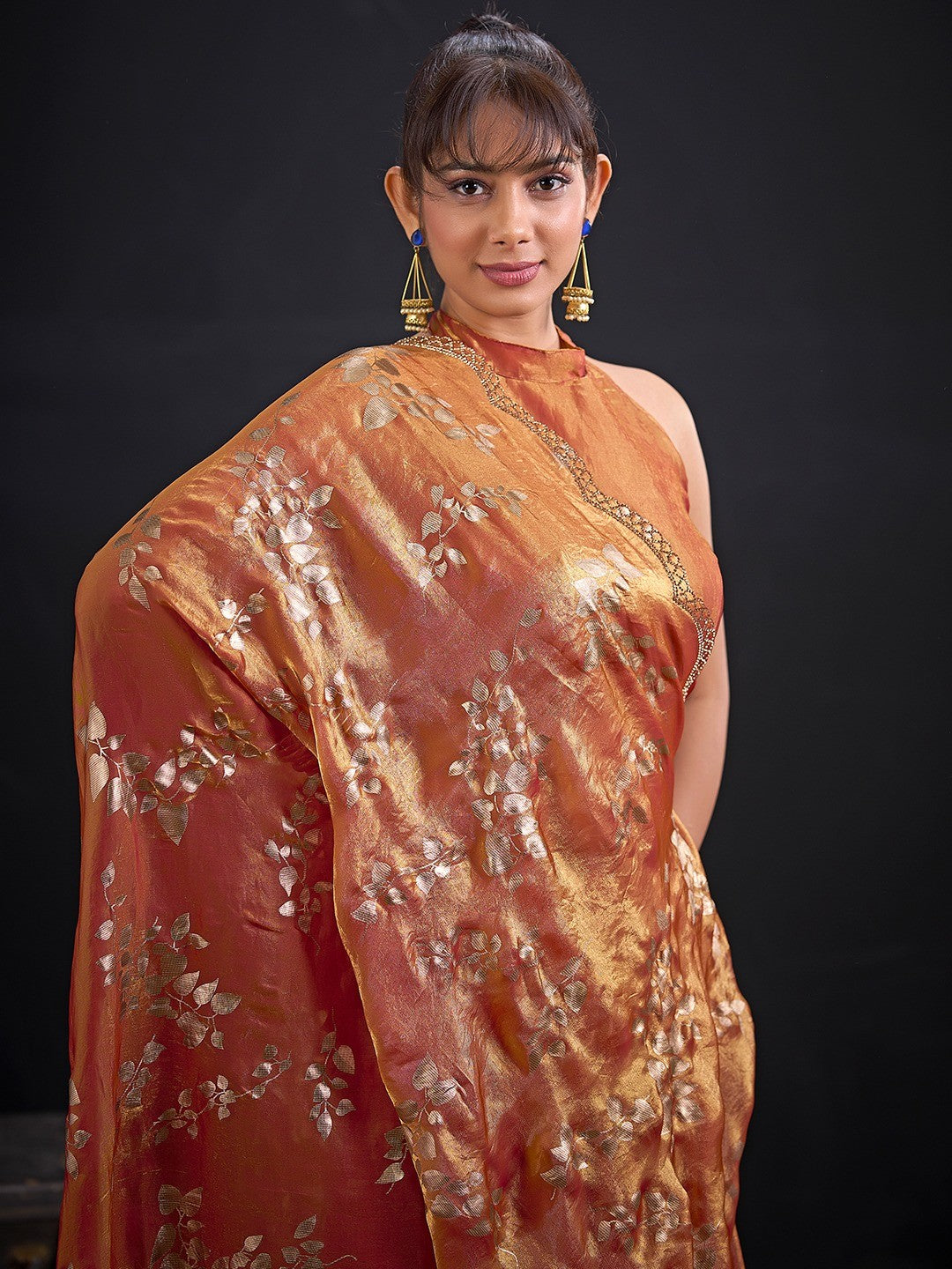 Designer Rust Orange  Satin Silk Saree With Leaf Foil Print & Stone Work Border - Image 3