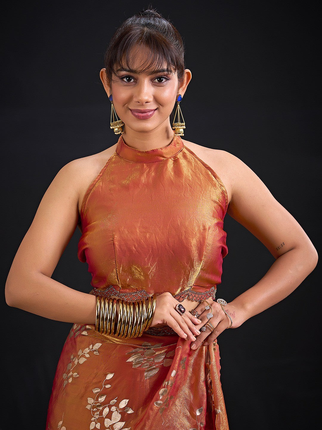 Designer Rust Orange  Satin Silk Saree With Leaf Foil Print & Stone Work Border - Image 2