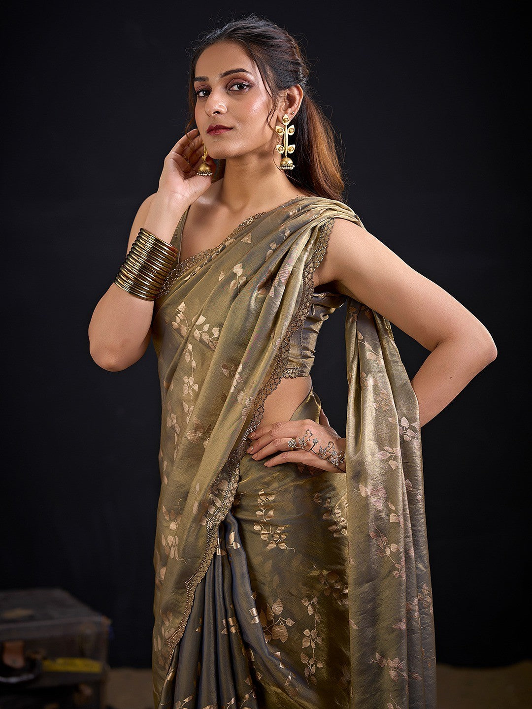 Designer Grey Satin Silk Saree With Leaf Foil Print & Stone Work Border - Image 3