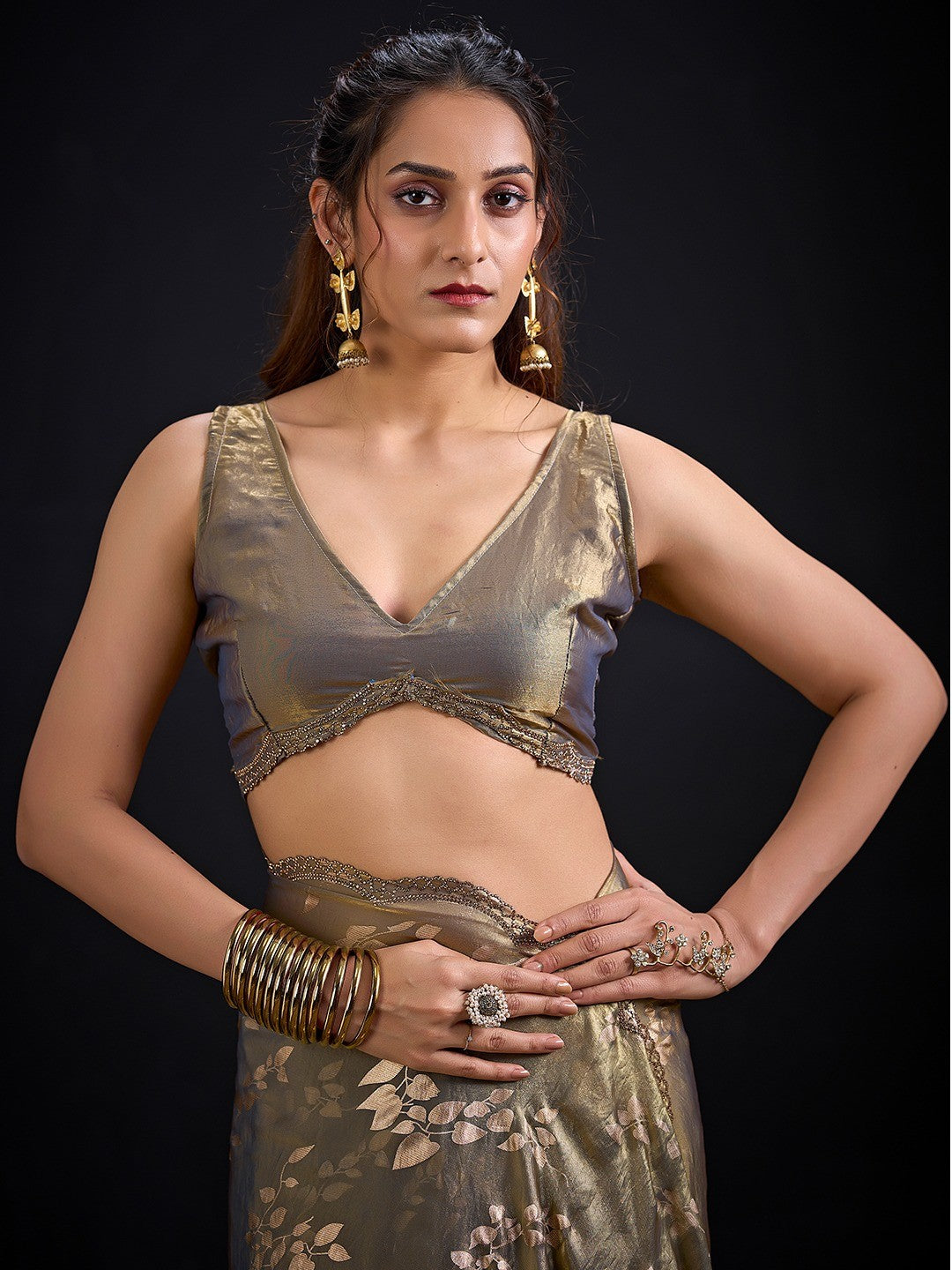 Designer Grey Satin Silk Saree With Leaf Foil Print & Stone Work Border - Image 2