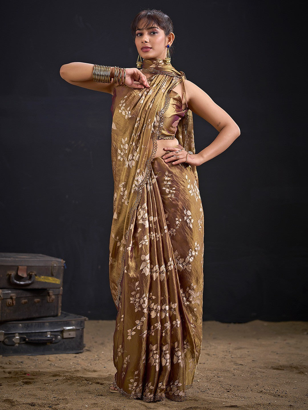 Designer Brown Satin Silk Saree With Leaf Foil Print & Stone Work Border - Image 6
