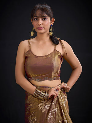 Designer Brown Satin Silk Saree With Leaf Foil Print & Stone Work Border - Image 2