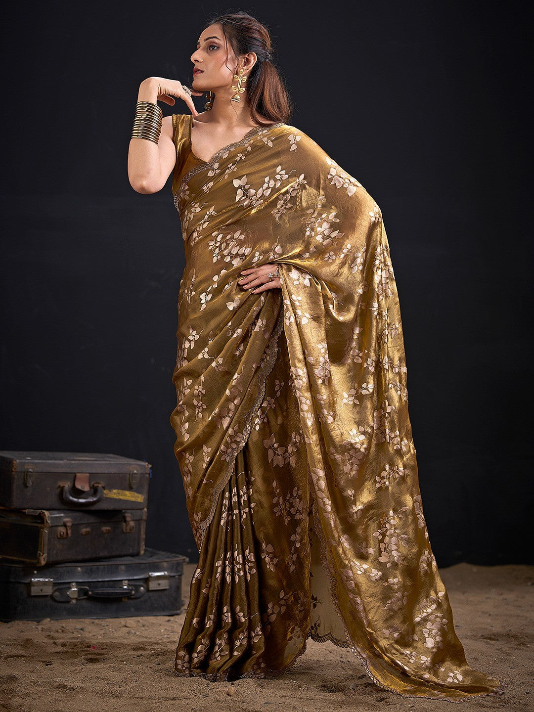 Designer Mehendi Green Satin Silk Saree With Leaf Foil Print & Stone Work Border - Image 5