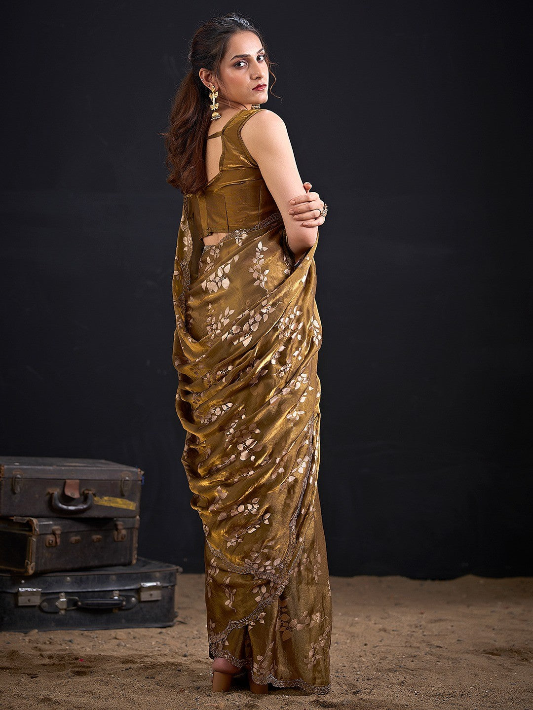 Designer Mehendi Green Satin Silk Saree With Leaf Foil Print & Stone Work Border - Image 4