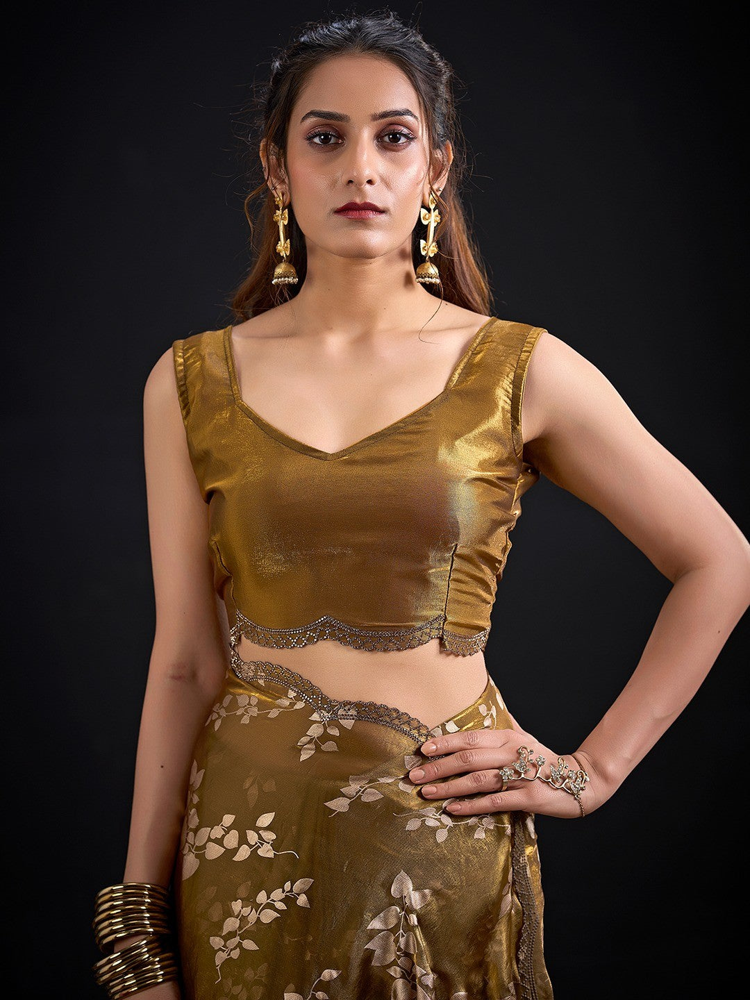 Designer Mehendi Green Satin Silk Saree With Leaf Foil Print & Stone Work Border - Image 2