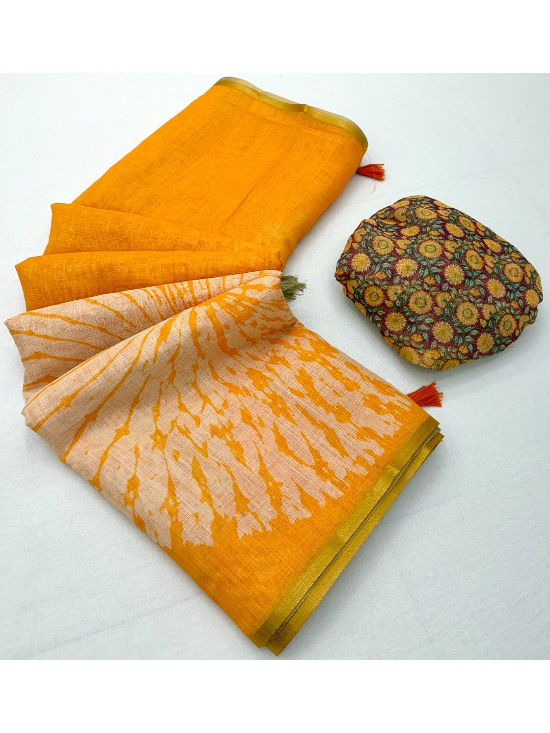 Yellow Linen Saree with White Abstract Design Lightweight Comfortable Outfit - Image 3