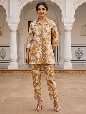 Soft Yellow Floral Printed Linen Set Breathable Comfortable Casual Wear - Image 1