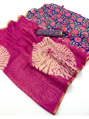Magenta Linen Saree with White Abstract Design Lightweight Comfortable Outfit - Image 2
