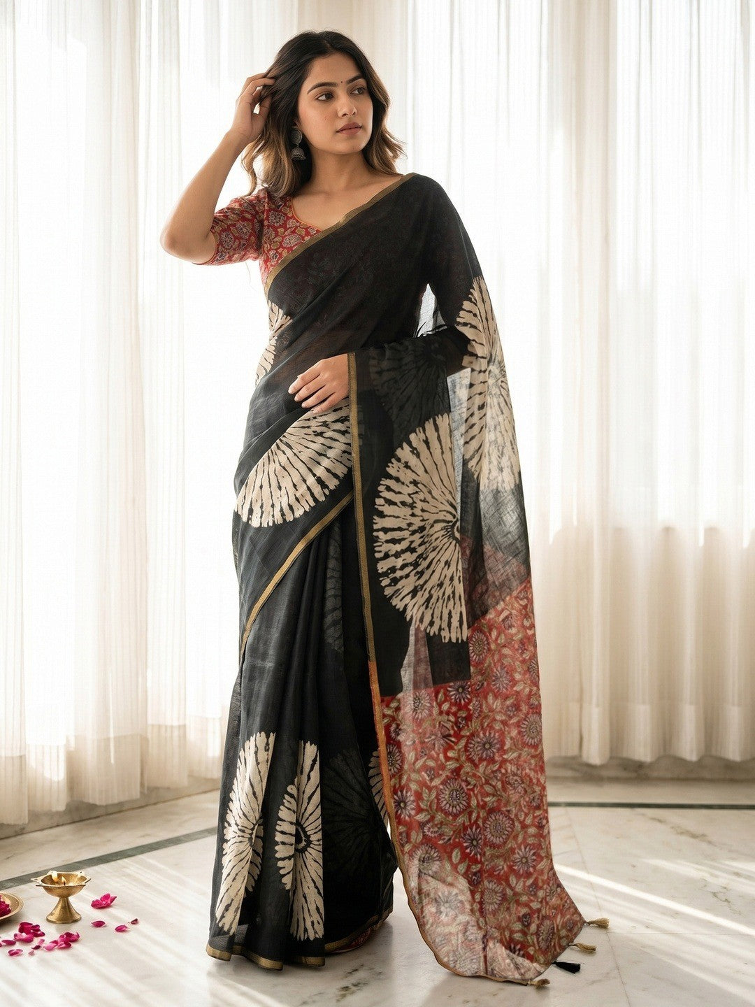 Black Linen Saree with White Abstract Design Lightweight Comfortable Outfit - Image 1
