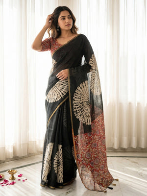 Black Linen Saree with White Abstract Design Lightweight Comfortable Outfit - Image 1