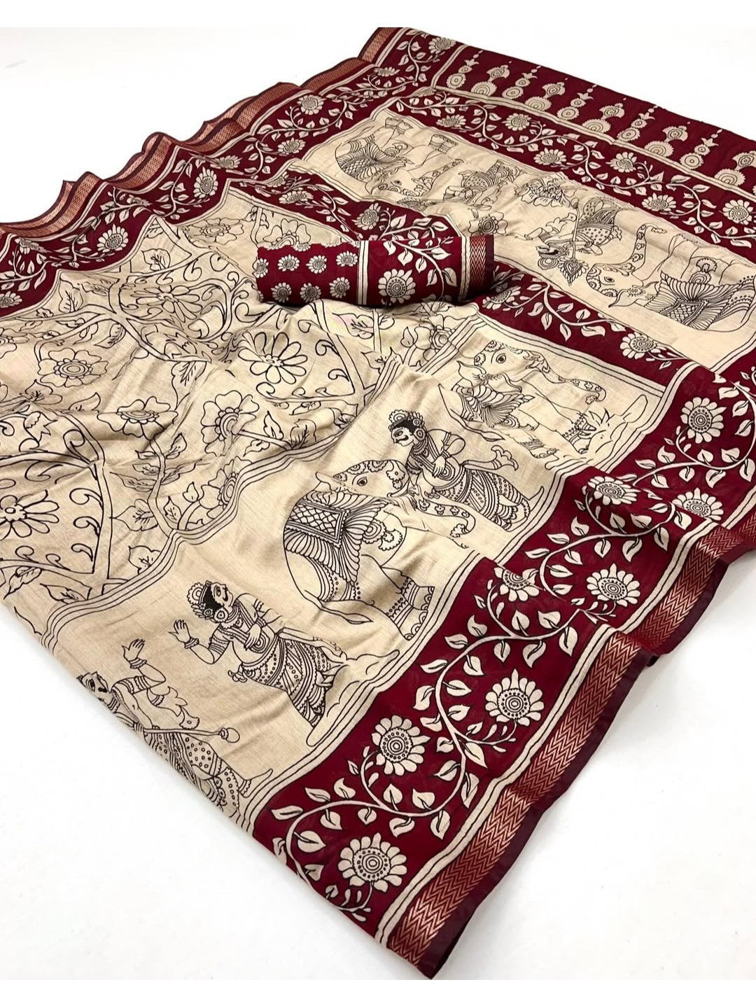Cream & Red Mulmul Cotton Saree with Elegant Traditional Printed Pattern - Image 2