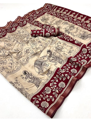 Cream & Red Mulmul Cotton Saree with Elegant Traditional Printed Pattern - Image 2