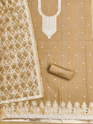 Elegant Cream Floral Zari Woven Muga Cotton Blend Jamdani Dress Material With Pichwai Design - Image 2