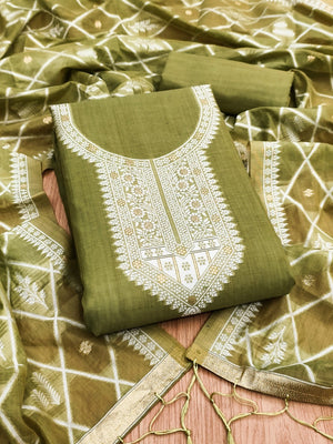 Elegant Mehendi Green Floral Zari Woven Muga Cotton Blend Jamdani Dress Material With Pichwai Design - Image 1
