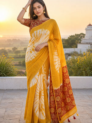 Mustard Chanderi Cotton Saree with Traditional Printed Border - Image 1