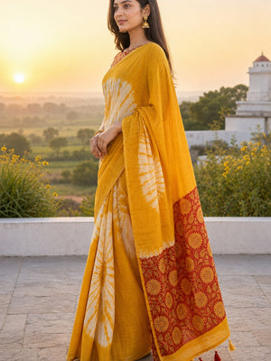 Mustard Chanderi Cotton Saree with Traditional Printed Border - Image 2