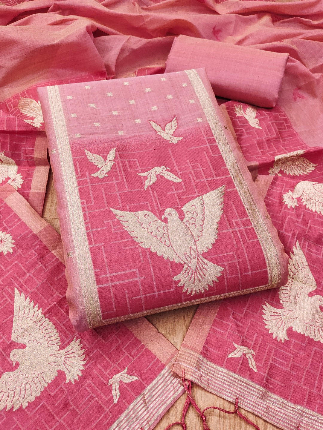 Artistic Pink Floral & Birds Motif Zari Weaving Muga Cotton Blend Jamdani Dress Material - Image 3