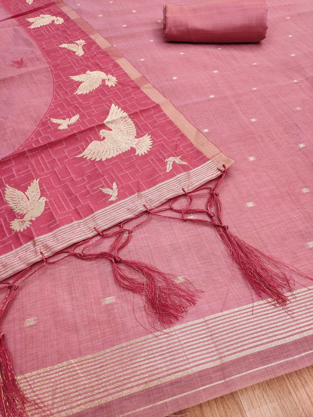 Artistic Pink Floral & Birds Motif Zari Weaving Muga Cotton Blend Jamdani Dress Material - Image 4