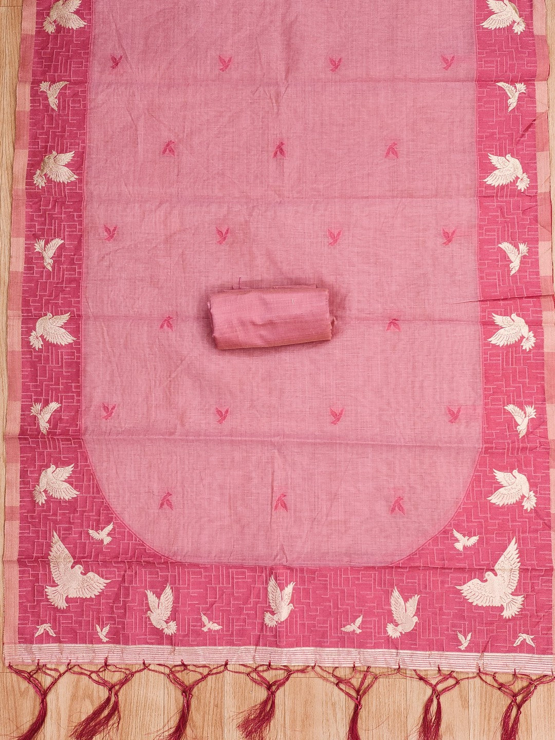 Artistic Pink Floral & Birds Motif Zari Weaving Muga Cotton Blend Jamdani Dress Material - Image 5