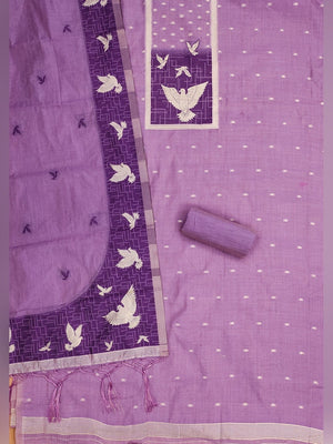 Artistic Purple Floral & Birds Motif Zari Weaving Muga Cotton Blend Jamdani Dress Material - Image 2