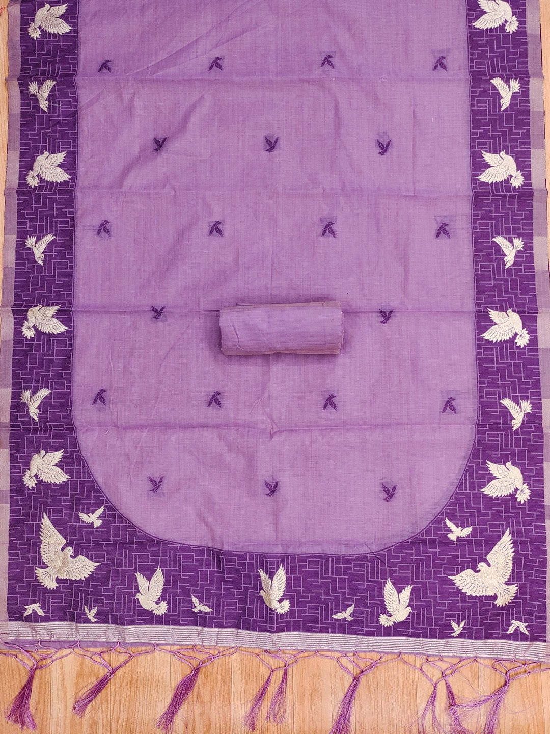 Artistic Purple Floral & Birds Motif Zari Weaving Muga Cotton Blend Jamdani Dress Material - Image 5
