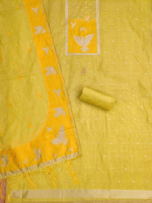 Artistic Mustard Floral & Birds Motif Zari Weaving Muga Cotton Blend Jamdani Dress Material - Image 2