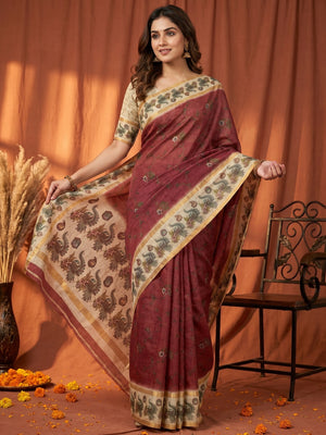 Maroon Cotton Silk Digital Print Saree with Zari Border - Image 1