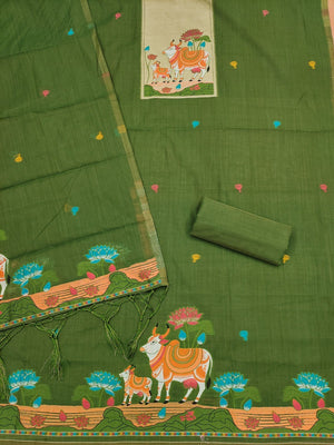 Classic Green Pichwai Cow & Lotus Motif Zari Weaving Muga Cotton Blend Jamdani Dress Material - Image 2