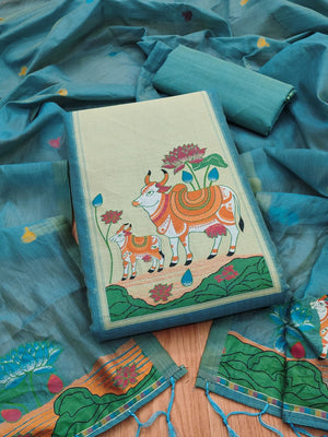 Classic Blue Pichwai Cow & Lotus Motif Zari Weaving Muga Cotton Blend Jamdani Dress Material - Image 1