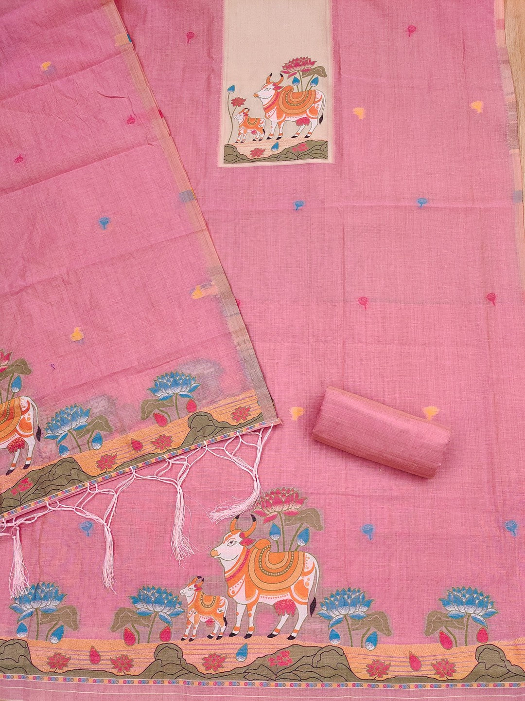 Classic Pink Pichwai Cow & Lotus Motif Zari Weaving Muga Cotton Blend Jamdani Dress Material - Image 2