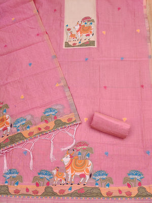 Classic Pink Pichwai Cow & Lotus Motif Zari Weaving Muga Cotton Blend Jamdani Dress Material - Image 2