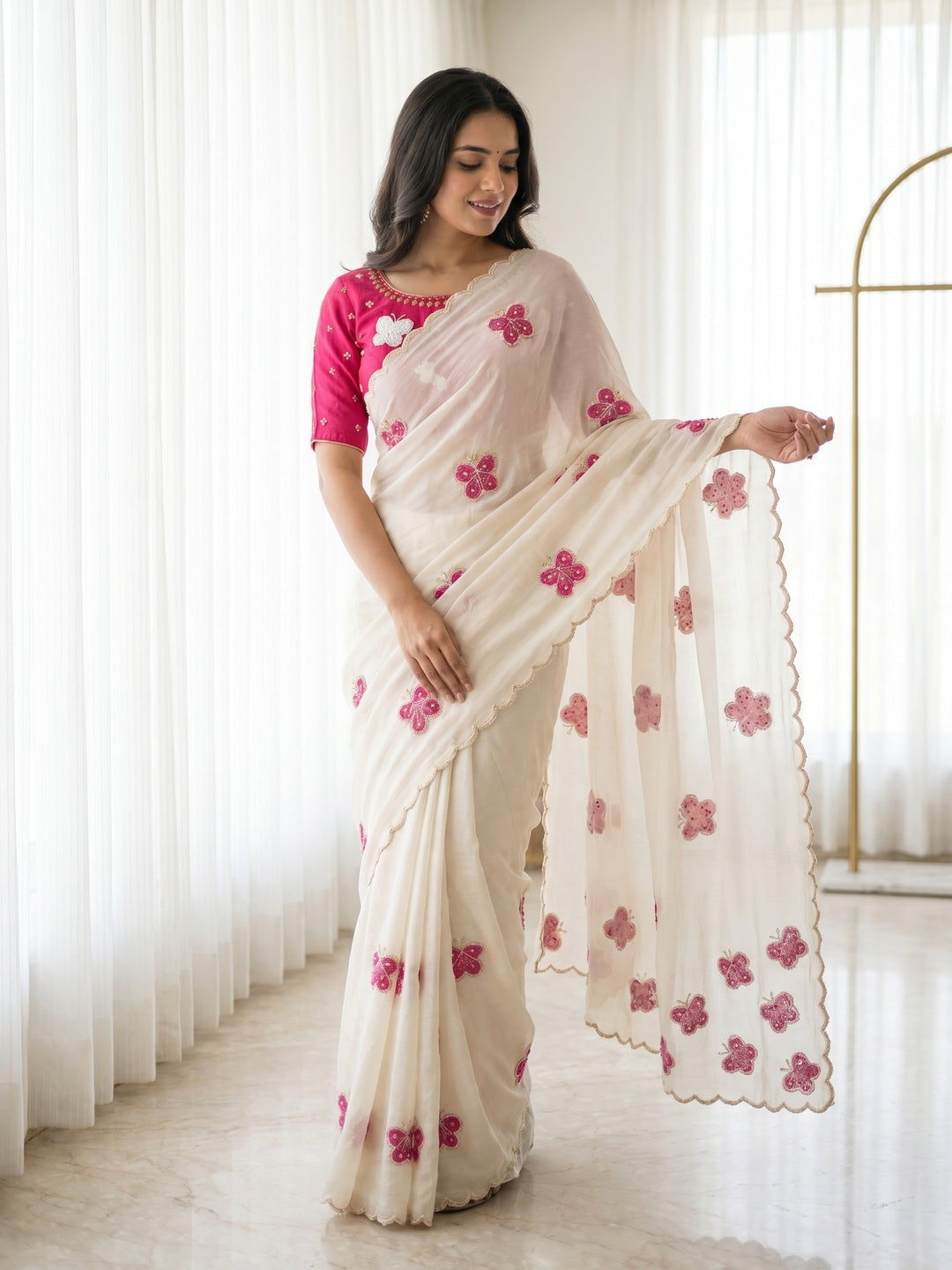Peachmode Offwhite Chinon Saree with Pink Handwork Motifs - Image 1