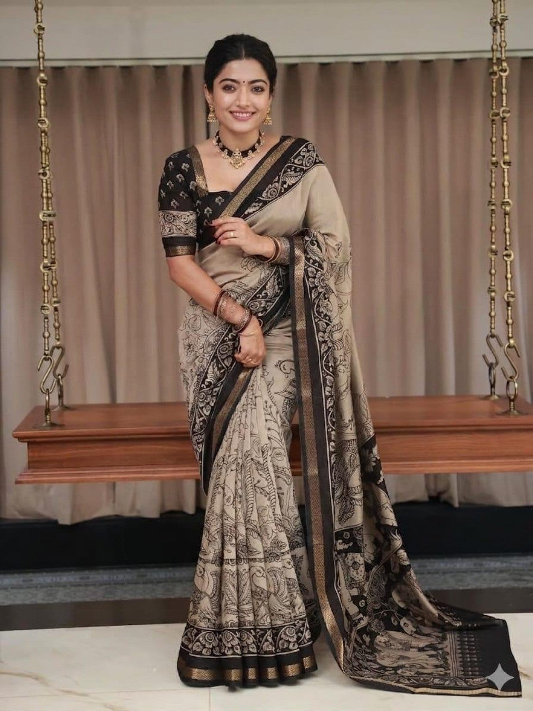 Cream Mulmul Cotton Saree with Traditional Kalamkari Print - Image 2