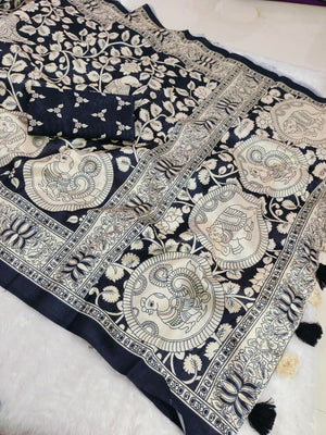 Elegant Black Mysore Silk Saree with Traditional Floral and Animal Print - Image 2