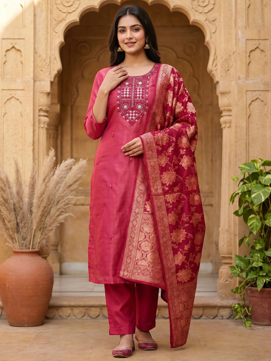 Elegant Pink Shimmer Dress Material with Embroidered Details - Image 1
