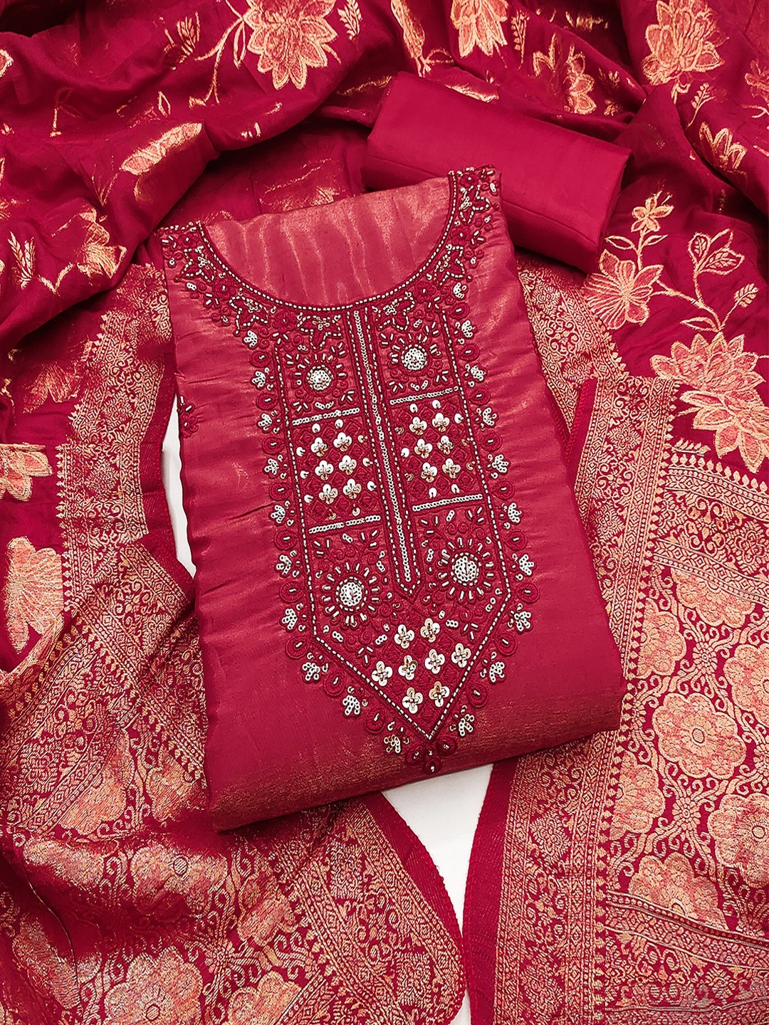 Elegant Pink Shimmer Dress Material with Embroidered Details - Image 3