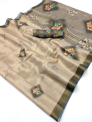 Beige Cotton Blend Saree with Grey Floral Pattern Ethnic Wear - Image 2