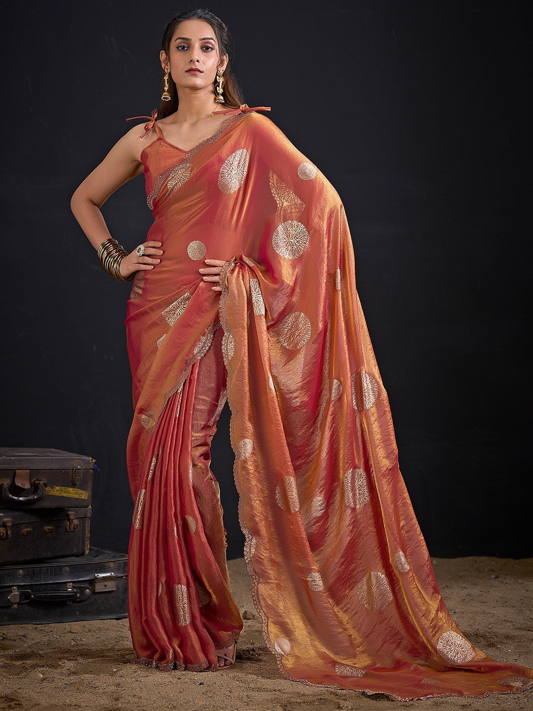 Premium Rust Orange Satin Silk Saree Featuring Stone Work Border & Foil Print - Image 1