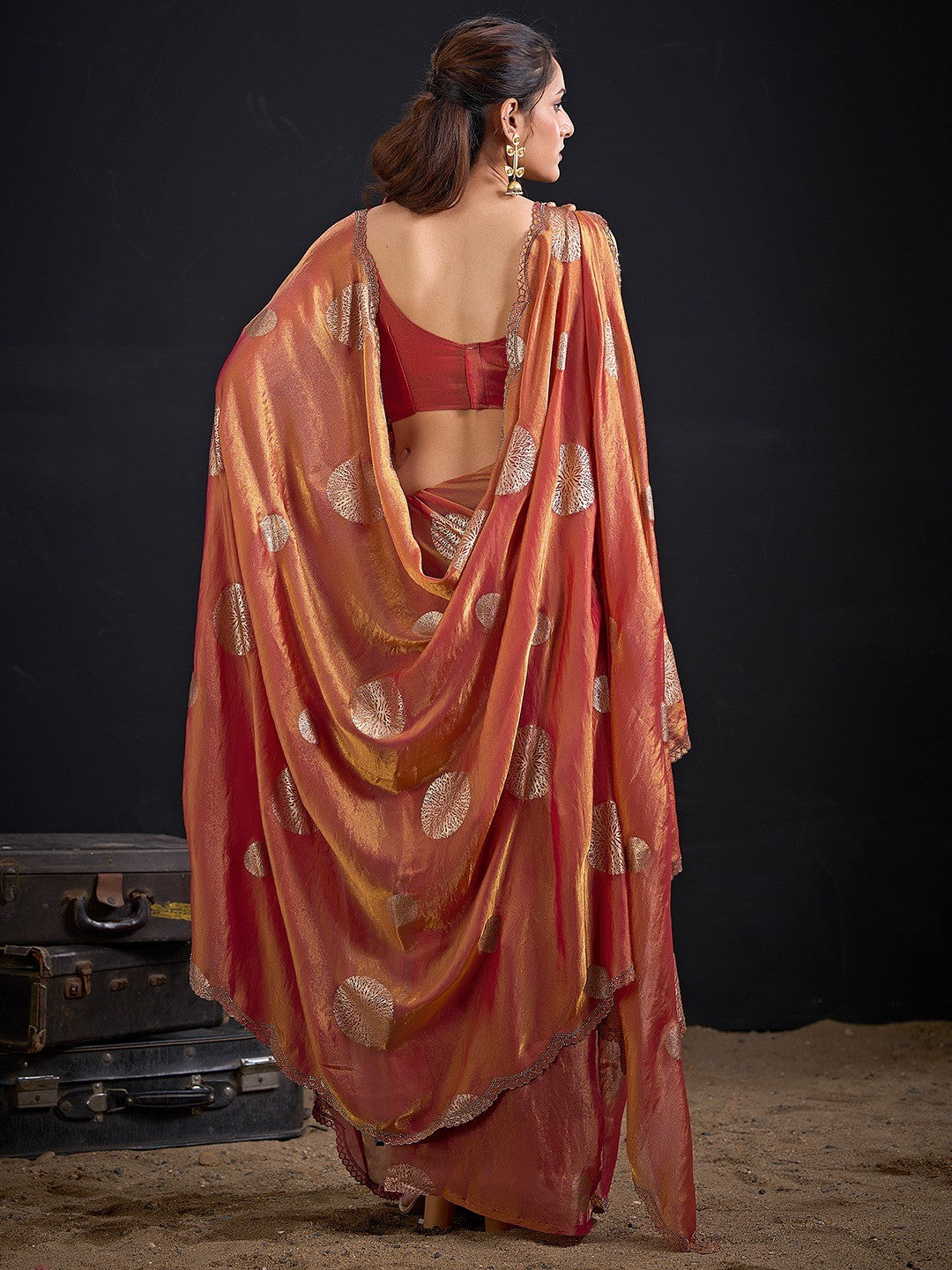Premium Rust Orange Satin Silk Saree Featuring Stone Work Border & Foil Print - Image 3