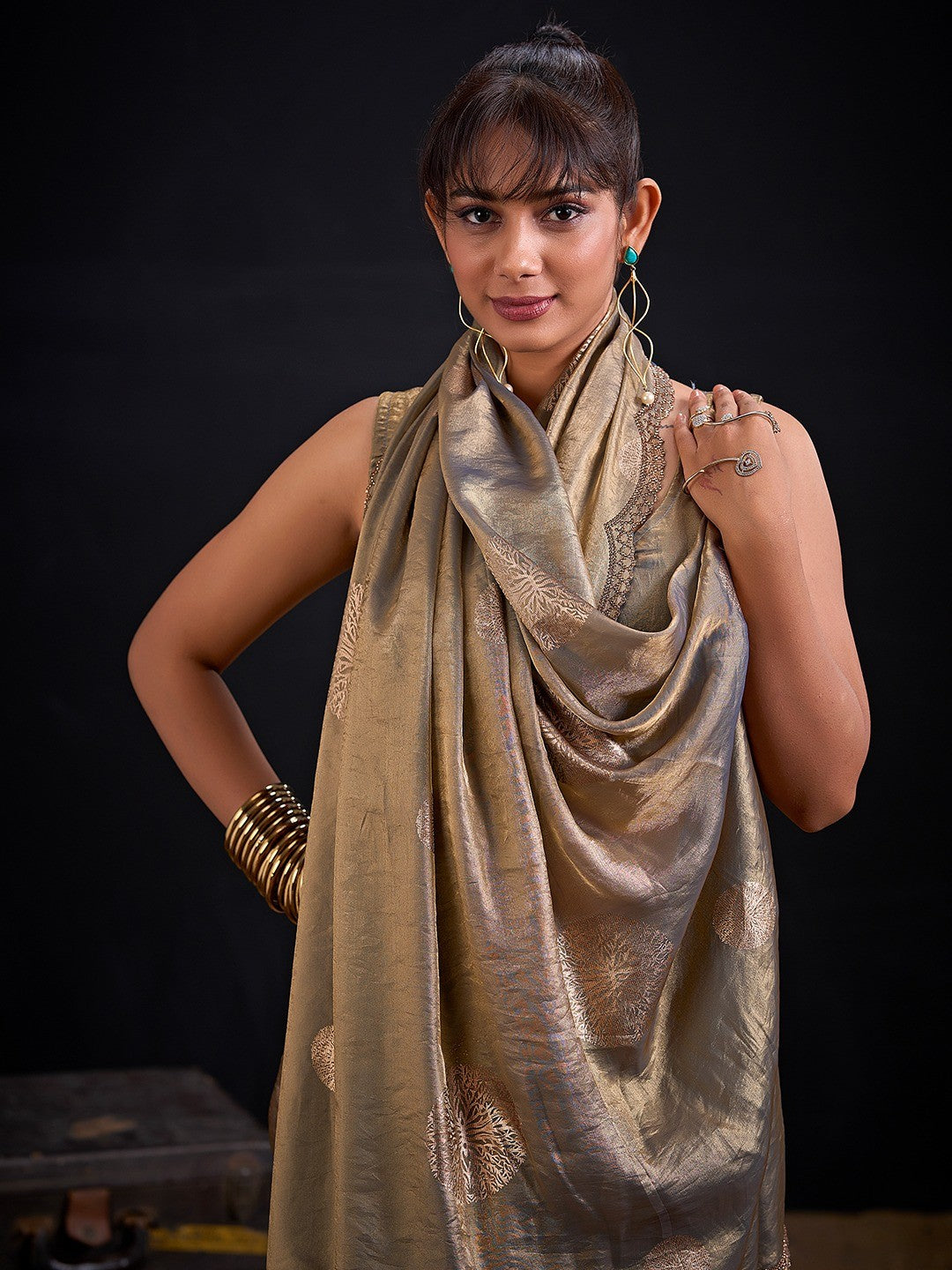 Premium Grey Satin Silk Saree Featuring Stone Work Border & Foil Print - Image 4