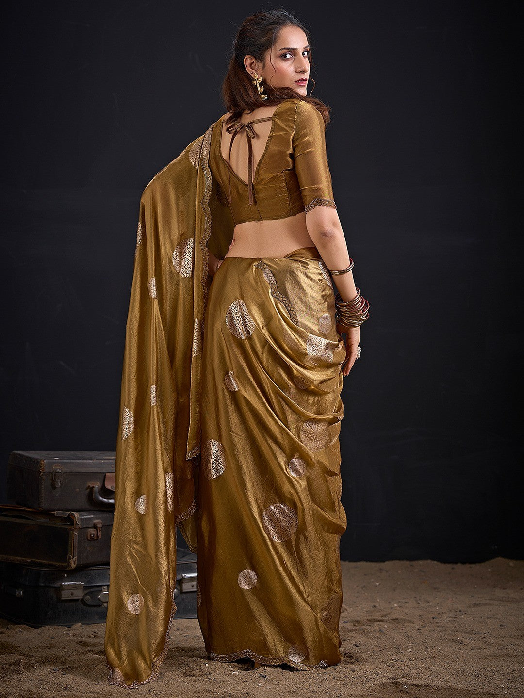 Premium Dark Mustard Satin Silk Saree Featuring Stone Work Border & Foil Print - Image 3