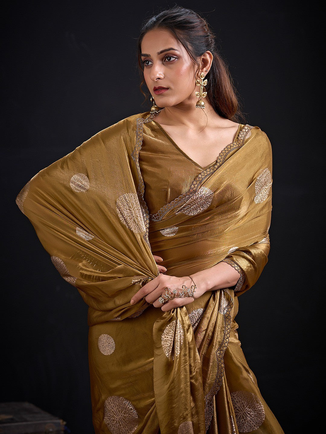 Premium Dark Mustard Satin Silk Saree Featuring Stone Work Border & Foil Print - Image 4