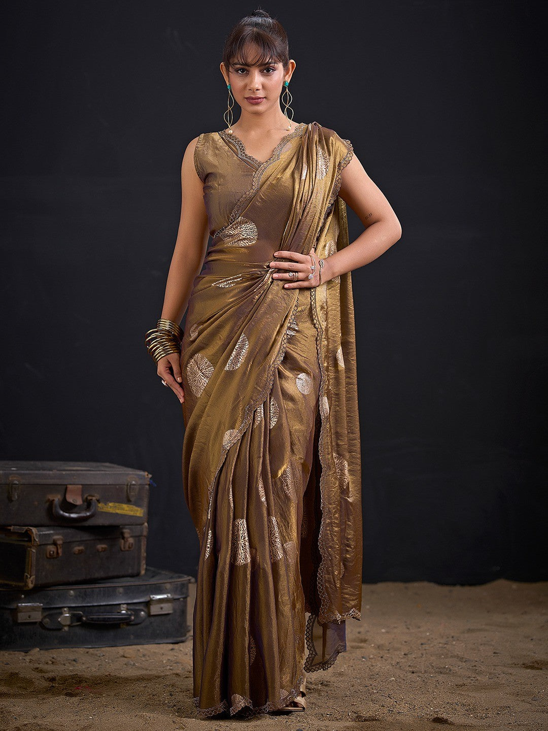 Premium Bronze Brown Satin Silk Saree Featuring Stone Work Border & Foil Print - Image 1