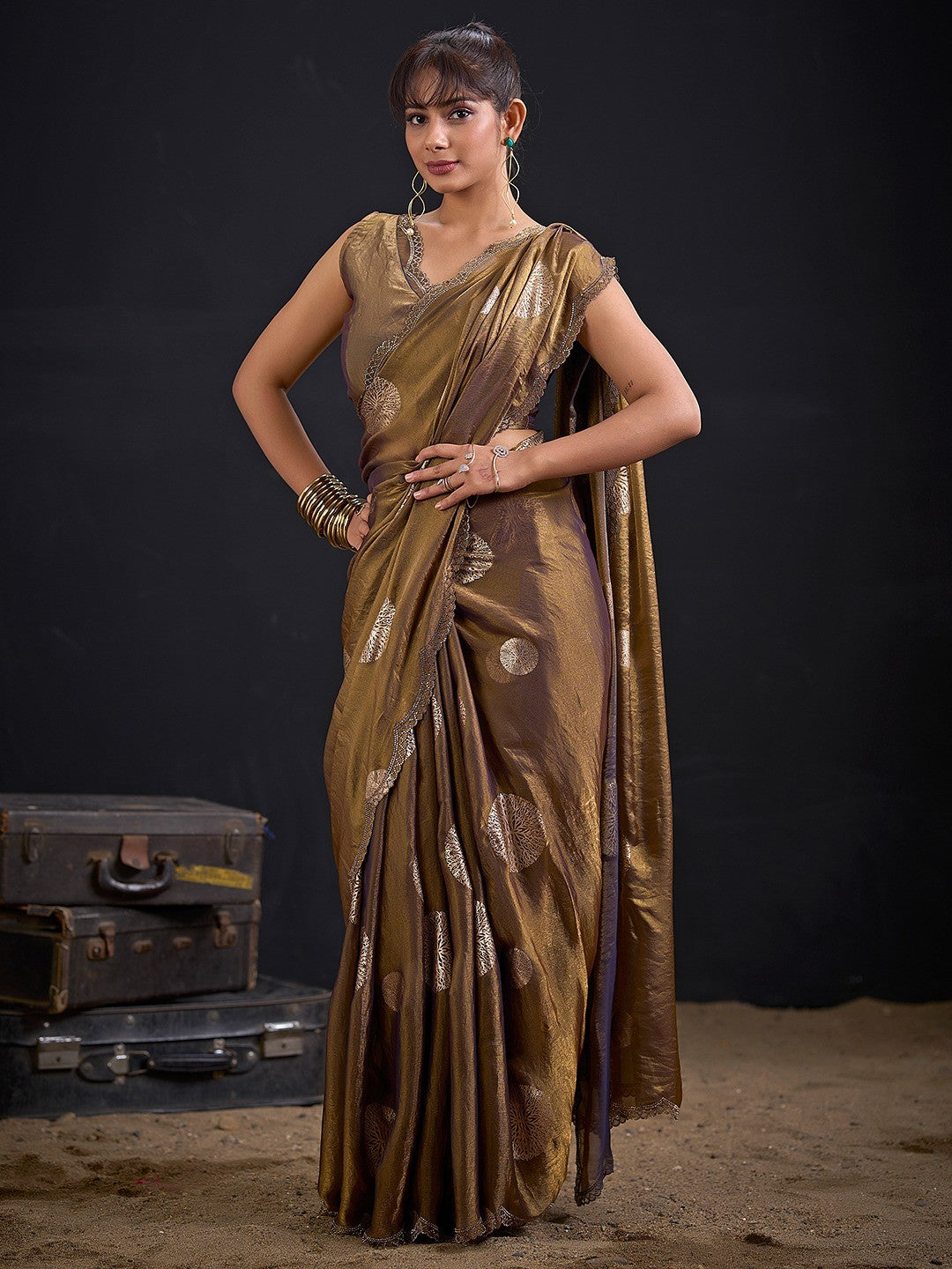 Premium Bronze Brown Satin Silk Saree Featuring Stone Work Border & Foil Print - Image 3