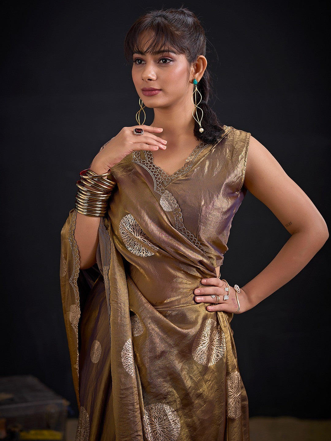 Premium Bronze Brown Satin Silk Saree Featuring Stone Work Border & Foil Print - Image 6