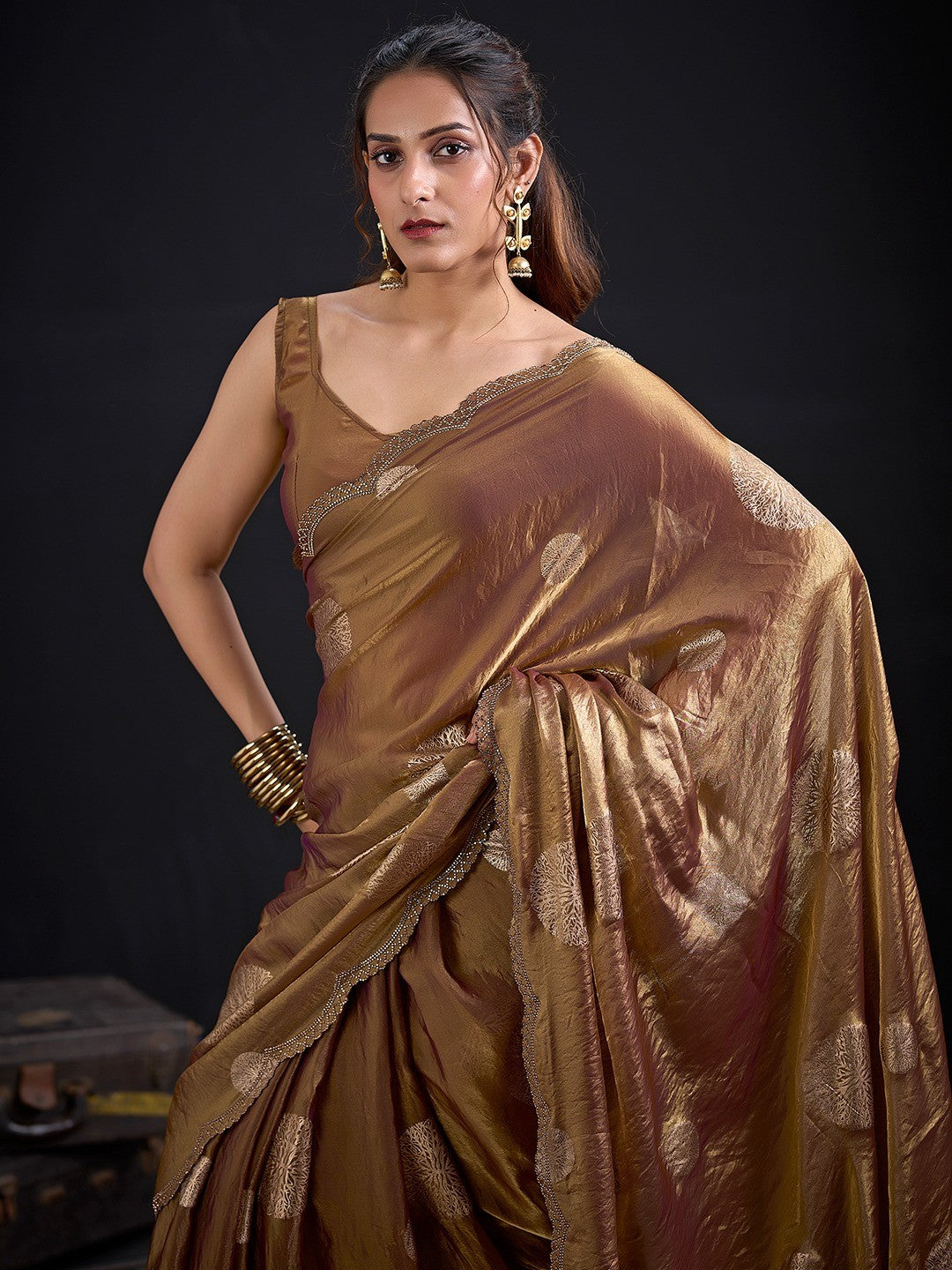 Premium Golden Brown Satin Silk Saree Featuring Stone Work Border & Foil Print - Image 3