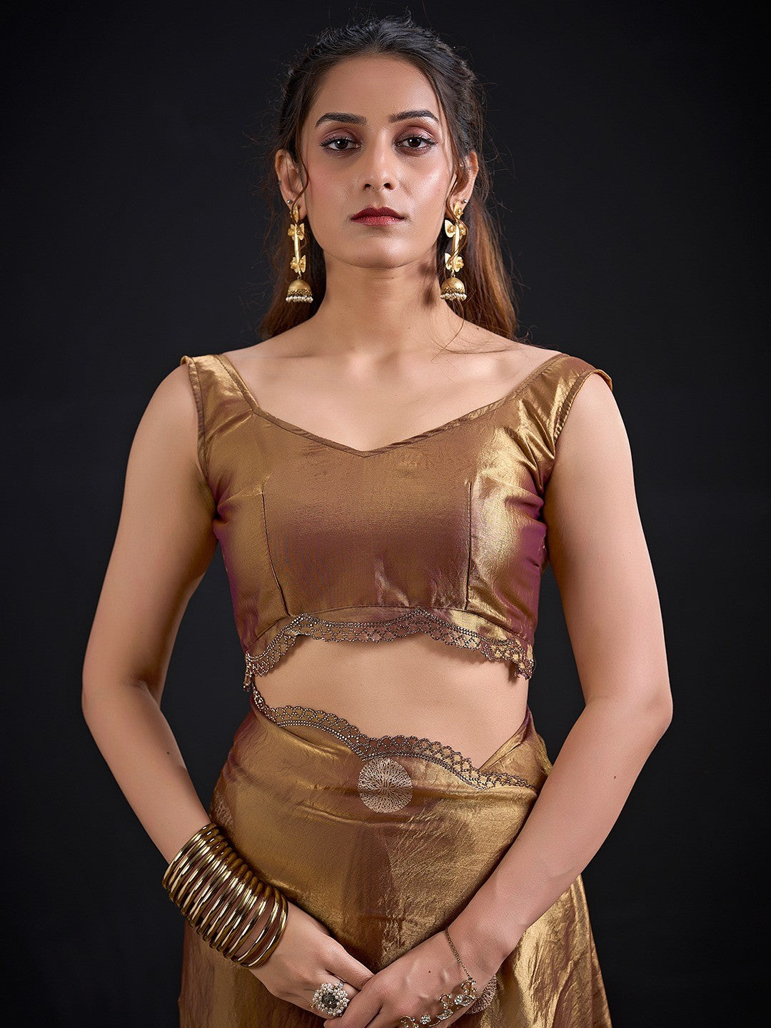Premium Golden Brown Satin Silk Saree Featuring Stone Work Border & Foil Print - Image 5