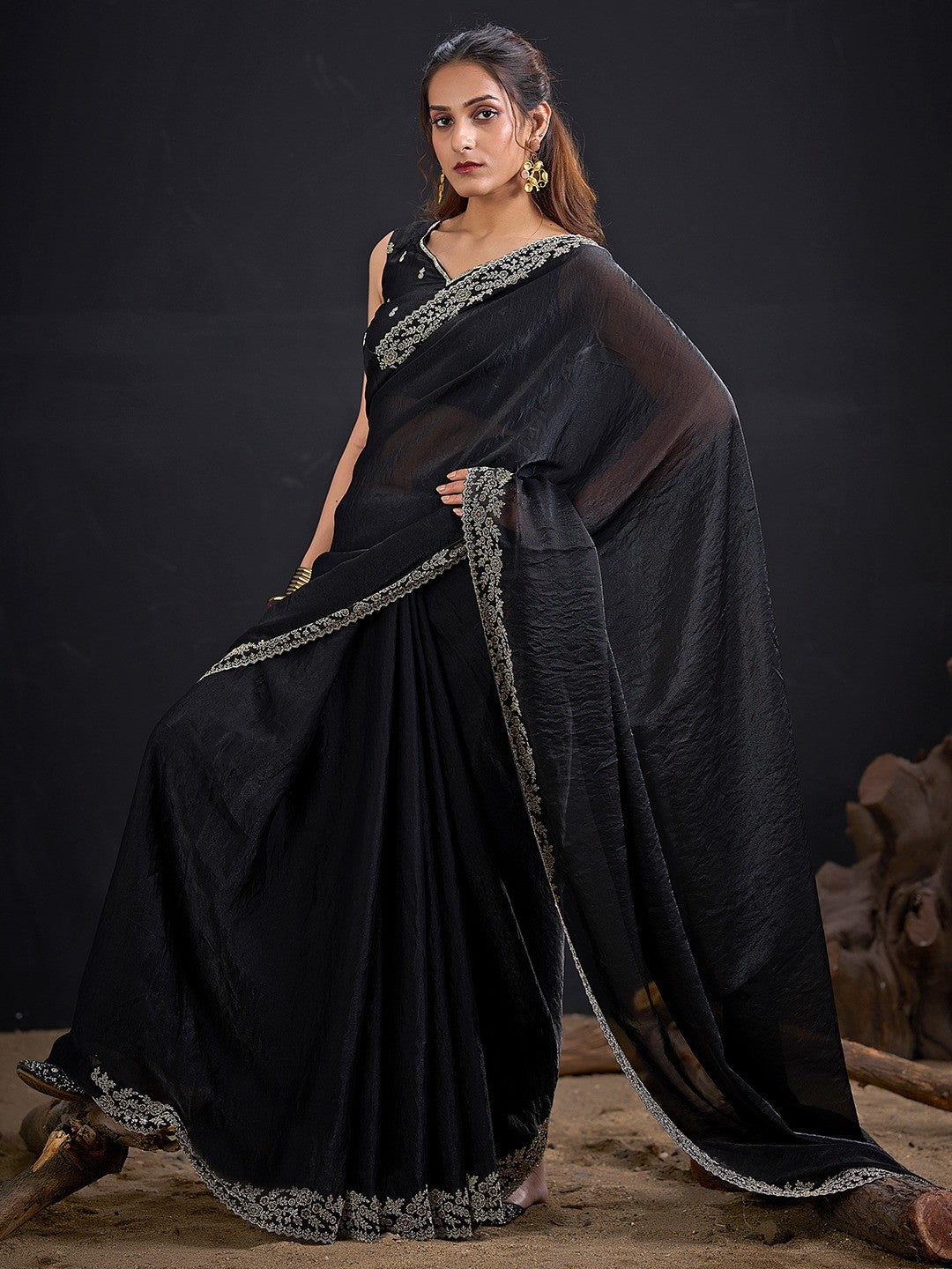 Glamorous Black Solid Satin Silk Saree Adorned With Floral Stone Embellished Border - Image 5